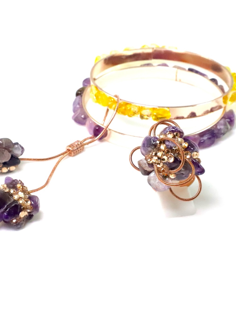 Purple Amethyst Cluster Floral Bracelet Set with Gold Accents - Women Jewelry